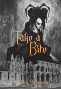 image of the book cover of Take A Bite, showing a lady vampire towering over the ruins of Whitby Abbey
